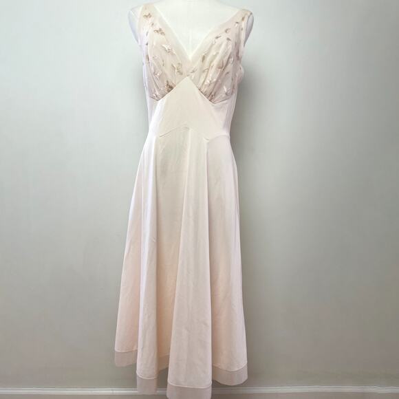 Vintage 90s Pale Pink Floral Embroidered Coquette Cottagecore Slip Dress Sz S/M - Picture 1 of 8